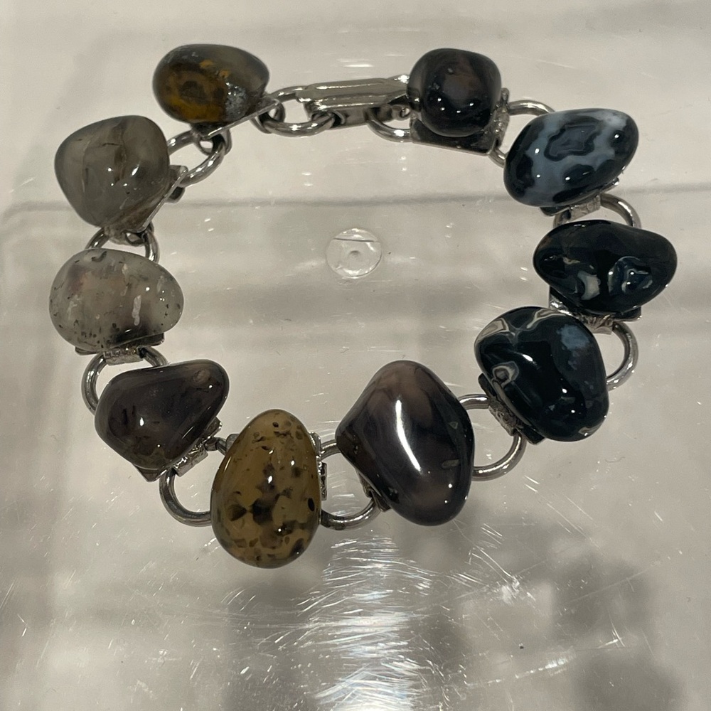 Vintage Multicolored Agate Natural Stone Silver Tone Bracelet | EUC - Picture 2 of 15